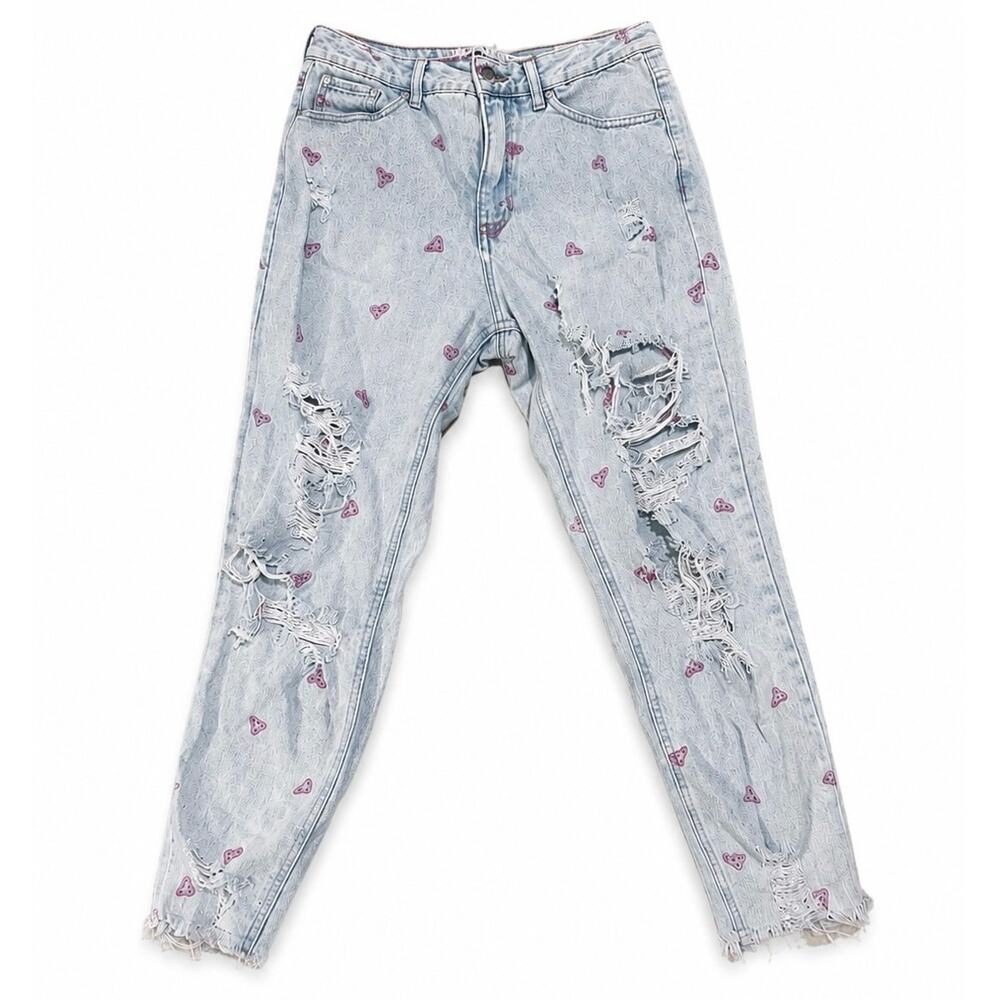 Tinseltown High Rise Distressed Pizza Embroidered Mom Jeans - Light Wash - 9